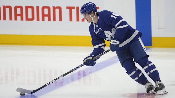 May 5, 2025; Toronto, Ontario, CAN; Toronto Maple Leafs forward Mitch Marner (16) skates with the puck before game one of the second round of the 2025 Stanley Cup Playoffs against the Florida Panthers at Scotiabank Arena. Mandatory Credit: John E. Sokolowski-Imagn Images