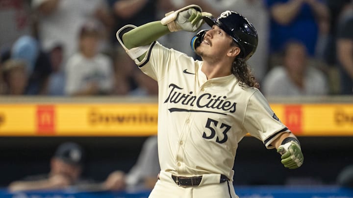 Sep 16, 2025; Minneapolis, Minnesota, USA; Minnesota Twins shortstop Ryan Fitzgerald (53) celebrates hitting a two run home run against the New York Yankees in the sixth inning at Target Field. Mandatory Credit: Jesse Johnson-Imagn Images