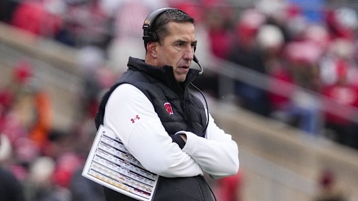 Nov 29, 2024; Madison, Wisconsin, USA;  Wisconsin Badgers head coach Luke Fickell looks on from the sidelines during the second quarter against the Minnesota Golden Gophers at Camp Randall Stadium. Mandatory Credit: Jeff Hanisch-Imagn Images
