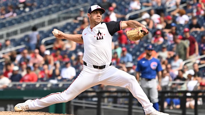 Sep 1, 2024; Washington, District of Columbia, USA; Washington Nationals relief pitcher Jacob Barnes (59) throws a pitch against the Chicago Cubs during the seventh inning at Nationals Park. Sep 1, 2024; Washington, District of Columbia, USA; Washington Nationals relief pitcher Jacob Barnes (59) throws a pitch against the Chicago Cubs during the seventh inning at Nationals Park.