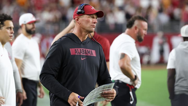 Oct 18, 2025; Tuscaloosa, Alabama, USA; Alabama Crimson Tide head coach Kalen DeBoer looks on in the third quarter against the Tennessee Volunteers at Saban Field at Bryant-Denny Stadium. Mandatory Credit: David Leong-Imagn Images
