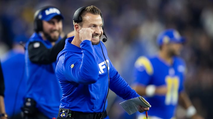 Jan 13, 2025; Glendale, AZ, USA; Los Angeles Rams head coach Sean McVay celebrates a touchdown against the Minnesota Vikings during an NFC wild card game at State Farm Stadium. Mandatory Credit: Mark J. Rebilas-Imagn Images