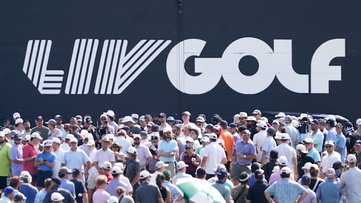 Sep 21, 2024; Carrolton, Texas, USA; A general view of signage during the LIV Golf Dallas Team Championship Semifinals at Maridoe Golf Club. Mandatory Credit: Raymond Carlin III-Imagn Images