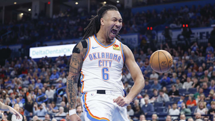 Feb 3, 2025; Oklahoma City, Oklahoma, USA; Oklahoma City Thunder forward Jaylin Williams (6) celebrates after dunking against the Milwaukee Bucks during the second half at Paycom Center. Mandatory Credit: Alonzo Adams-Imagn Images
