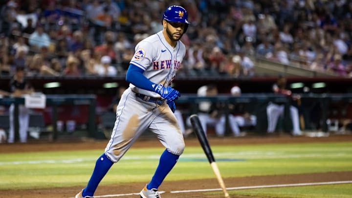 Jul 5, 2023; Phoenix, Arizona, USA; New York Mets outfielder Tommy Pham against the Arizona Diamondbacks at Chase Field. Mandatory Credit: Mark J. Rebilas-Imagn Images