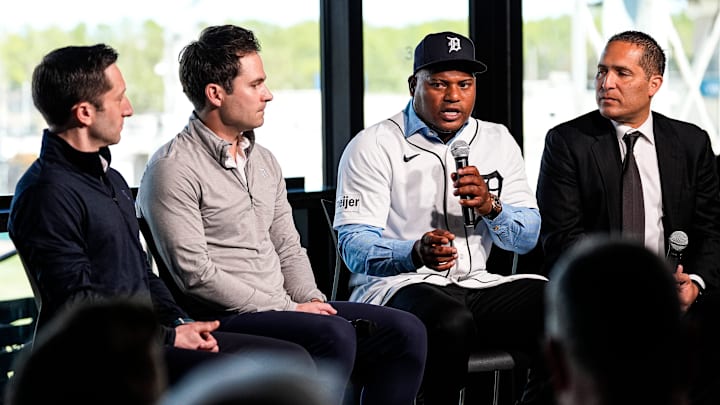 Detroit Tigers pitcher Framber Valdez, center right, speaks next to president of baseball operations Scott Harris, center left, and general manager Jeff Greenberg, left, during Valdez’s introductory press conference at the 34 Club of Joker Marchant Stadium in Lakeland, Fla. on Wednesday, Feb. 11, 2026. Detroit Tigers pitcher Framber Valdez, center right, speaks next to president of baseball operations Scott Harris, center left, and general manager Jeff Greenberg, left, during Valdez’s introductory press conference at the 34 Club of Joker Marchant Stadium in Lakeland, Fla. on Wednesday, Feb. 11, 2026.