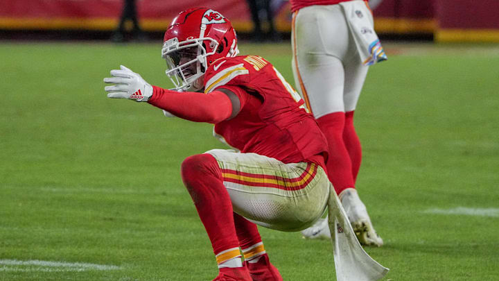 Oct 7, 2024; Kansas City, Missouri, USA; Kansas City Chiefs wide receiver JuJu Smith-Schuster (9) celebrates after a run against the New Orleans Saints during the second half at GEHA Field at Arrowhead Stadium. Mandatory Credit: Denny Medley-Imagn Images