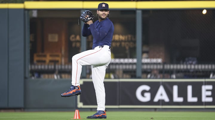 Mar 28, 2024; Houston, Texas, USA; Houston Astros pitcher Lance McCullers Jr. warms up before the game against the New York Yankees at Minute Maid Park. Mar 28, 2024; Houston, Texas, USA; Houston Astros pitcher Lance McCullers Jr. warms up before the game against the New York Yankees at Minute Maid Park.
