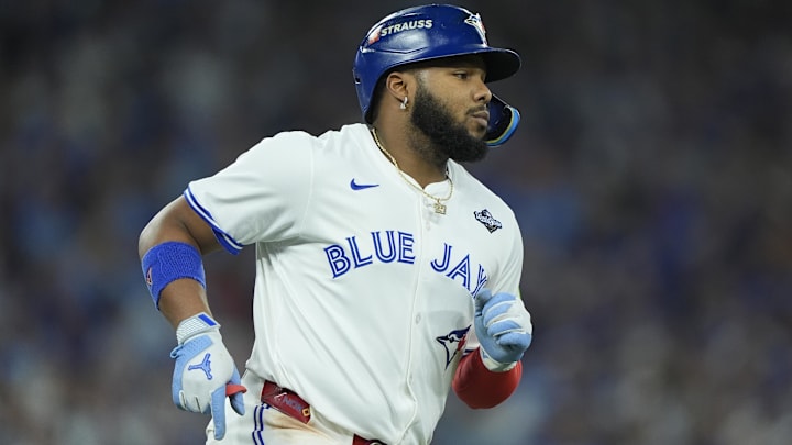 Nov 1, 2025; Toronto, Ontario, CAN; Toronto Blue Jays first baseman Vladimir Guerrero Jr. (27) walks to first base in the third inning against the Los Angeles Dodgers during game seven of the 2025 MLB World Series at Rogers Centre. 