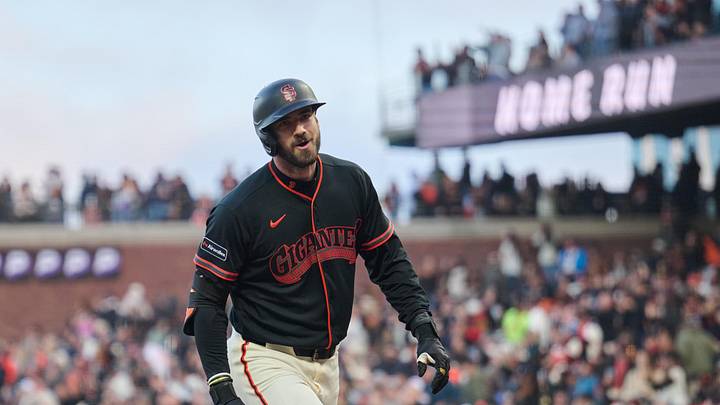 May 9, 2026; San Francisco, California, USA; San Francisco Giants infielder Bryce Eldridge (8) reacts after hitting a one run home run against Pittsburgh Pirates starting pitcher Braxton Ashcraft (not pictured) during the fifth inning at Oracle Park. Mandatory Credit: Robert Edwards-Imagn Images