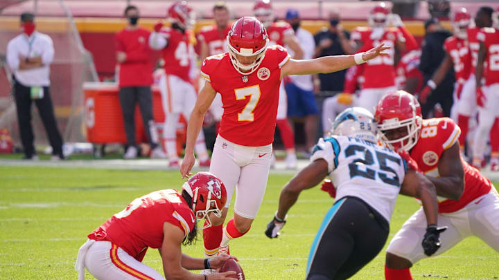 Nov 8, 2020; Kansas City, Missouri, USA; Kansas City Chiefs kicker Harrison Butker (7) kicks a field goal against the Carolina Panthers during the first half at Arrowhead Stadium. Mandatory Credit: Denny Medley-Imagn Images