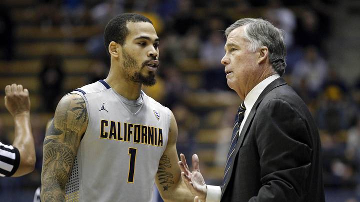 Justin Cobbs talks with Cal coach Mike Montgomery 