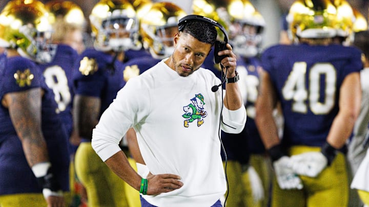 Notre Dame head coach Marcus Freeman looks on in the second half of a NCAA football game against Texas A&M at Notre Dame Stadium on Saturday, Sept. 13, 2025, in South Bend.