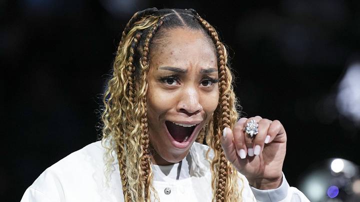 May 9, 2026; Las Vegas, Nevada, USA; Las Vegas Aces center A'ja Wilson (22) reacts to receiving their 2025 WNBA Championship rings before their game against the Phoenix Mercury at T-Mobile Arena. Mandatory Credit: Candice Ward-Imagn Images