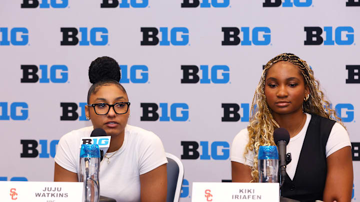 Oct 2, 2024; Rosemont, IL, USA; USC guard JuJu Watkins and USC forward Kiki Iriafen take a question at the podium during the 2024 Big Ten Womenís Basketball media day at Donald E. Stephens Convention Center. Mandatory Credit: Melissa Tamez-Imagn Images