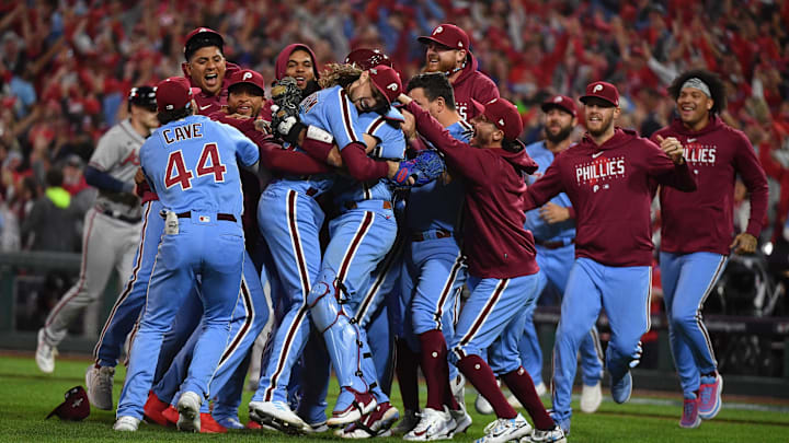 Oct 12, 2023; Philadelphia, Pennsylvania, USA; Philadelphia Phillies celebrate the series victory against the Atlanta Braves following game four of the NLDS for the 2023 MLB playoffs at Citizens Bank Park. Mandatory Credit: Eric Hartline-Imagn Images