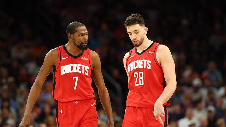 Apr 7, 2026; Phoenix, Arizona, USA; Houston Rockets forward Kevin Durant (7) and center Alperen Sengun (28) against the Phoenix Suns at Mortgage Matchup Center. Mandatory Credit: Mark J. Rebilas-Imagn Images
