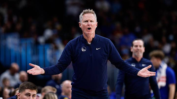 Denver, Colorado, USA; Golden State Warriors head coach Steve Kerr reacts in the third quarter against the Denver Nuggets at Ball Arena. Mandatory Credit: Isaiah J. Downing-Imagn Images
