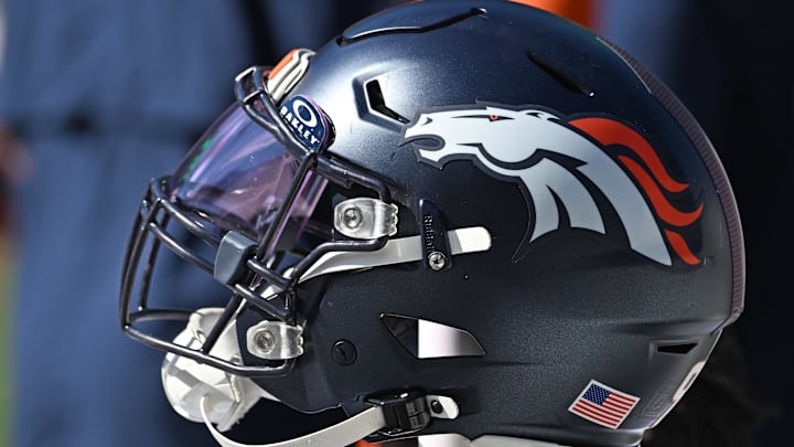 Oct 5, 2025; Philadelphia, Pennsylvania, USA; Denver Broncos helmet on the sidelines against the Philadelphia Eagles at Lincoln Financial Field. 