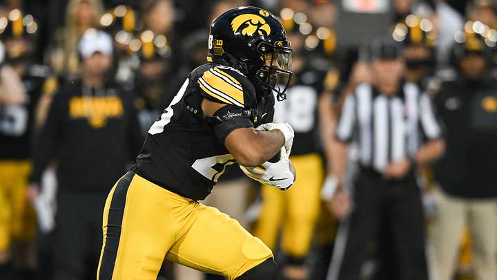 Oct 18, 2025; Iowa City, Iowa, USA; Iowa Hawkeyes running back Kamari Moulton (28) runs the ball against the Penn State Nittany Lions during the first quarter at Kinnick Stadium. Mandatory Credit: Jeffrey Becker-Imagn Images