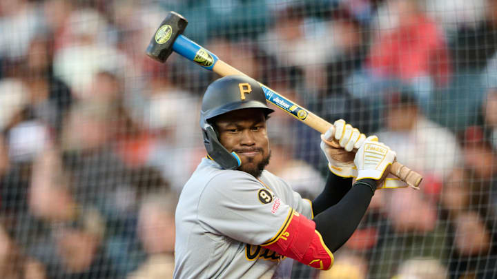 May 9, 2026; San Francisco, California, USA; Pittsburgh Pirates outfielder Oneil Cruz (15) swings a sledgehammer in the on deck circle before batting against the San Francisco Giants during the sixth inning at Oracle Park. Mandatory Credit: Robert Edwards-Imagn Images