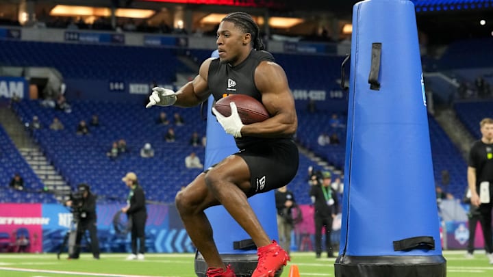 Feb 28, 2026; Indianapolis, IN, USA; Notre Dame running back Jadarian Price (RB15) during the NFL Scouting Combine at Lucas Oil Stadium. 