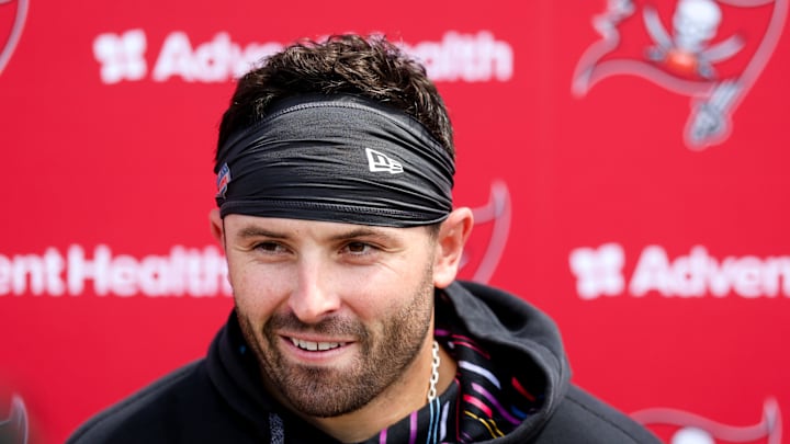 Tampa Bay Buccaneers quarterback Baker Mayfield gives a press conference after mini-camp.