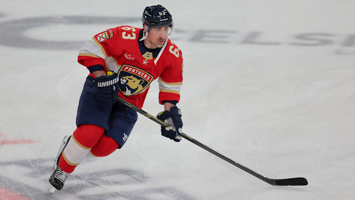 Mar 28, 2025; Sunrise, Florida, USA; Florida Panthers center Brad Marchand (63) warms up before the game against the Utah Hockey Club at Amerant Bank Arena. Mandatory Credit: Sam Navarro-Imagn Images