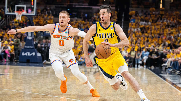 May 17, 2024; Indianapolis, Indiana, USA; Indiana Pacers guard T.J. McConnell (9) dribbles the ball May 17, 2024; Indianapolis, Indiana, USA; Indiana Pacers guard T.J. McConnell (9) dribbles the ball