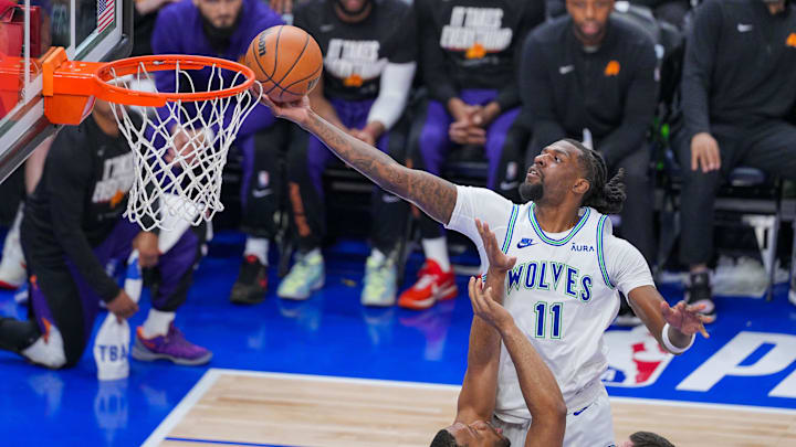 Apr 23, 2024; Minneapolis, Minnesota, USA; Minnesota Timberwolves center Naz Reid (11) shoots