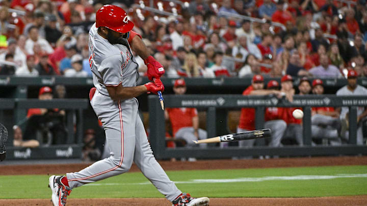 Cincinnati Reds designated hitter Amed Rosario breaks his bat during a game against the St. Louis Cardinals on Sept. 10 at Busch Stadium.