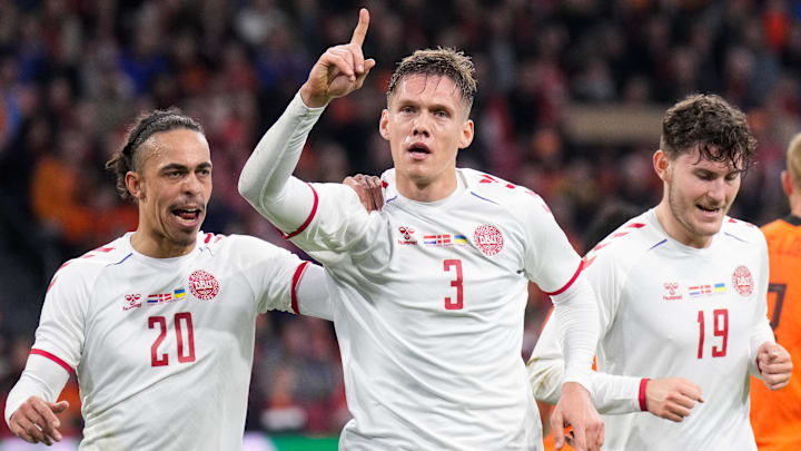 Yussuf Poulsen, Jannik Vestergaard et Jonas Wind face aux Pays-Bas en mars dernier