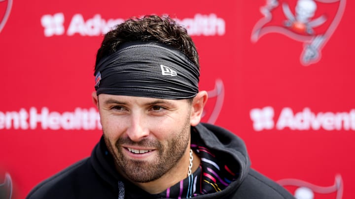 Tampa Bay Buccaneers quarterback Baker Mayfield gives a press conference after mini camp at AdventHealth Training Center.