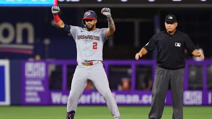 Sep 4, 2024; Miami, Florida, USA; Washington Nationals second baseman Luis Garcia Jr. (2) reacts from second base after hitting a double against the Miami Marlins during the fourth inning at loanDepot Park. 