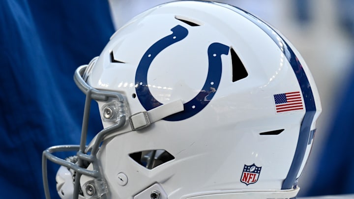 Dec 1, 2024; Foxborough, Massachusetts, USA; An Indianapolis Colts helmet sits on an equipment case during the first half against the New England Patriots at Gillette Stadium. Mandatory Credit: Eric Canha-Imagn Images