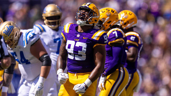 Sep 21, 2024; Baton Rouge, Louisiana, USA; LSU Tigers defensive tackle Ahmad Breaux (93) reacts after sacking UCLA Bruins quarterback Ethan Garbers (4) during the first half at Tiger Stadium. Mandatory Credit: Stephen Lew-Imagn Images Sep 21, 2024; Baton Rouge, Louisiana, USA; LSU Tigers defensive tackle Ahmad Breaux (93) reacts after sacking UCLA Bruins quarterback Ethan Garbers (4) during the first half at Tiger Stadium. Mandatory Credit: Stephen Lew-Imagn Images
