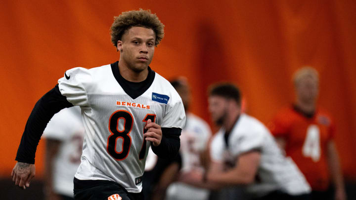 Cincinnati Bengals wide receiver Jermaine Burton (81) runs a route at Bengals spring practice at the IEL Indoor Facility in Cincinnati on Wednesday, June 12, 2024.