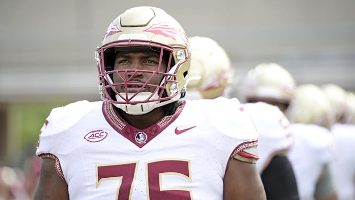 Apr 20, 2024; Tallahassee, Florida, USA; Florida State Seminoles offensive lineman Darius Washington (76) during the Spring Showcase at Doak S. Campbell Stadium. Mandatory Credit: Melina Myers-USA TODAY Sports