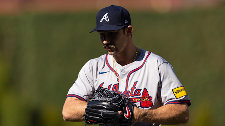 Mar 29, 2024; Philadelphia, Pennsylvania, USA; Atlanta Braves starting pitcher Spencer Strider (99) in action against the Philadelphia Phillies at Citizens Bank Park. Mandatory Credit: Bill Streicher-Imagn Images