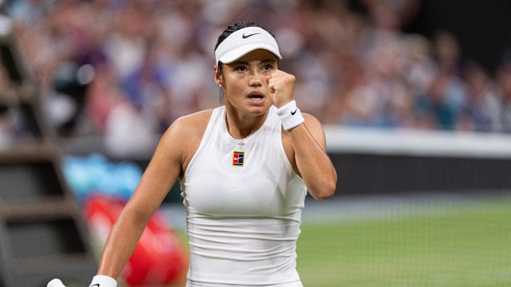 Emma Raducanu celebrates during her match against Aryna Sabalenka at Wimbledon.