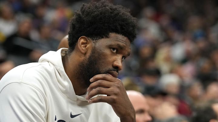 Jan 21, 2023; Sacramento, California, USA; Philadelphia 76ers center Joel Embiid (21) sits on the bench during the second quarter against the Sacramento Kings at Golden 1 Center. Mandatory Credit: Darren Yamashita-Imagn Images