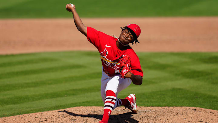 Feb 27, 2023; Jupiter, Florida, USA; St. Louis Cardinals pitcher Tink Hence (95) throws a pitch against the New York Mets during the sixth inning at Roger Dean Stadium. Mandatory Credit: Rich Storry-Imagn Images