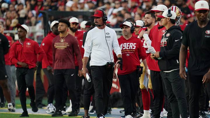 Aug 13, 2026; Santa Clara, California, USA;  San Francisco 49ers head coach Kyle Shanahan watches from the sideline during the second quarter against the Tennessee Titans at Levi's Stadium. Mandatory Credit: David Gonzales-Imagn Images