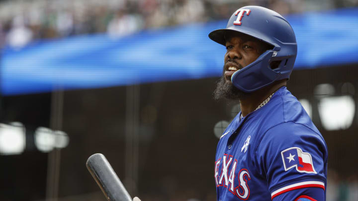 Jun 16, 2024; Seattle, Washington, USA; Texas Rangers right fielder Adolis Garcia (53) stands in the on-deck circle during the first inning against the Seattle Mariners at T-Mobile Park. Mandatory Credit: Joe Nicholson-USA TODAY Sports Jun 16, 2024; Seattle, Washington, USA; Texas Rangers right fielder Adolis Garcia (53) stands in the on-deck circle during the first inning against the Seattle Mariners at T-Mobile Park. Mandatory Credit: Joe Nicholson-USA TODAY Sports