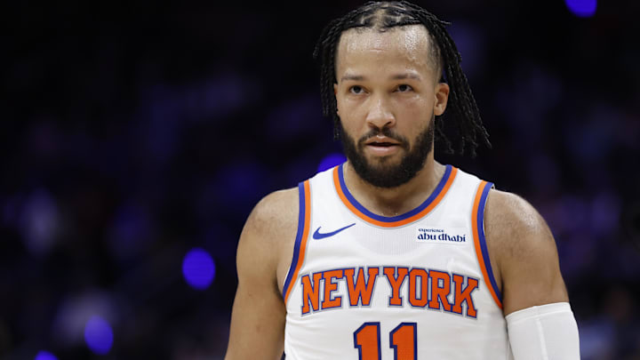 Feb 6, 2026; Detroit, Michigan, USA;  New York Knicks guard Jalen Brunson (11) walks off the court after the first half against the Detroit Pistons at Little Caesars Arena.
