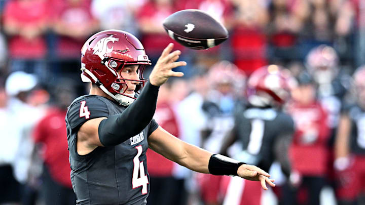 Sep 20, 2025; Pullman, Washington, USA; Washington State Cougars quarterback Zevi Eckhaus (4) throws a pass against the Washington Huskies in the first half of Apple Cup at Gesa Field at Martin Stadium. Mandatory Credit: James Snook-Imagn Images