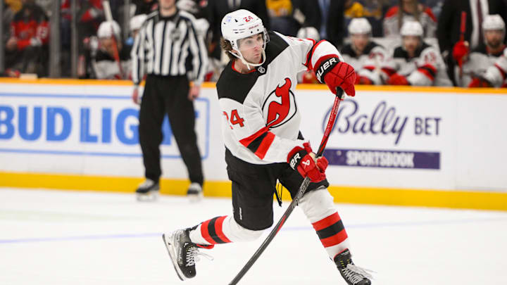 New Jersey Devils defenseman Seamus Casey (24). Mandatory Credit: Steve Roberts-Imagn Images