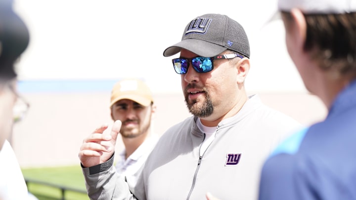 Drew Wilkins, New York Giants outside linebackers coach, talks to reporters before mandatory minicamp at the Giants training center in East Rutherford on Tuesday, June 13, 2023. Drew Wilkins, New York Giants outside linebackers coach, talks to reporters before mandatory minicamp at the Giants training center in East Rutherford on Tuesday, June 13, 2023.