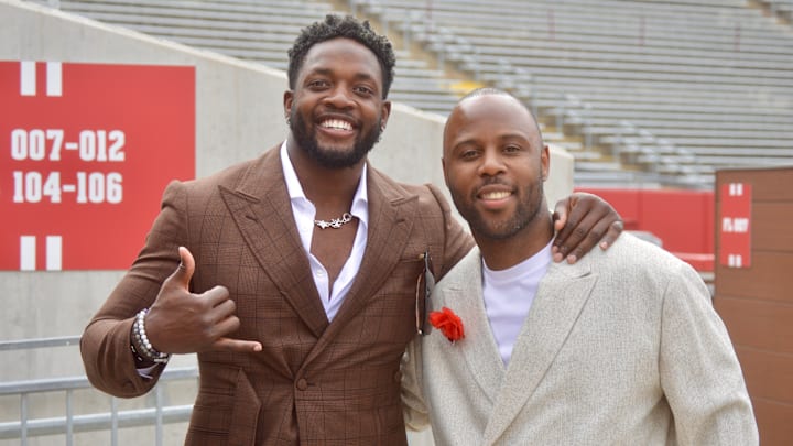 Former Wisconsin running backs Melvin Gordon, left, and James White at the UW Athletic Hall of Fame announcement ceremony inside Camp Randall Stadium on May 29, 2025.