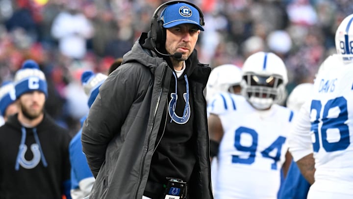 Dec 1, 2024; Foxborough, Massachusetts, USA; Indianapolis Colts head coach Shane Steichen looks on during the first half against the New England Patriots at Gillette Stadium. Mandatory Credit: Eric Canha-Imagn Images Dec 1, 2024; Foxborough, Massachusetts, USA; Indianapolis Colts head coach Shane Steichen looks on during the first half against the New England Patriots at Gillette Stadium. Mandatory Credit: Eric Canha-Imagn Images